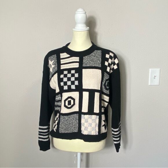Vintage Lizwear Geometric Patchwork Cotton Knit Sweater Women's Size MP - Picture 15 of 16